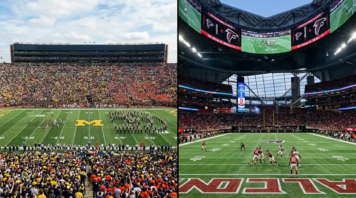 Vista dividida de un estadio universitario lleno y un estadio profesional de la NFL para comparar ambos mercados de apuestas