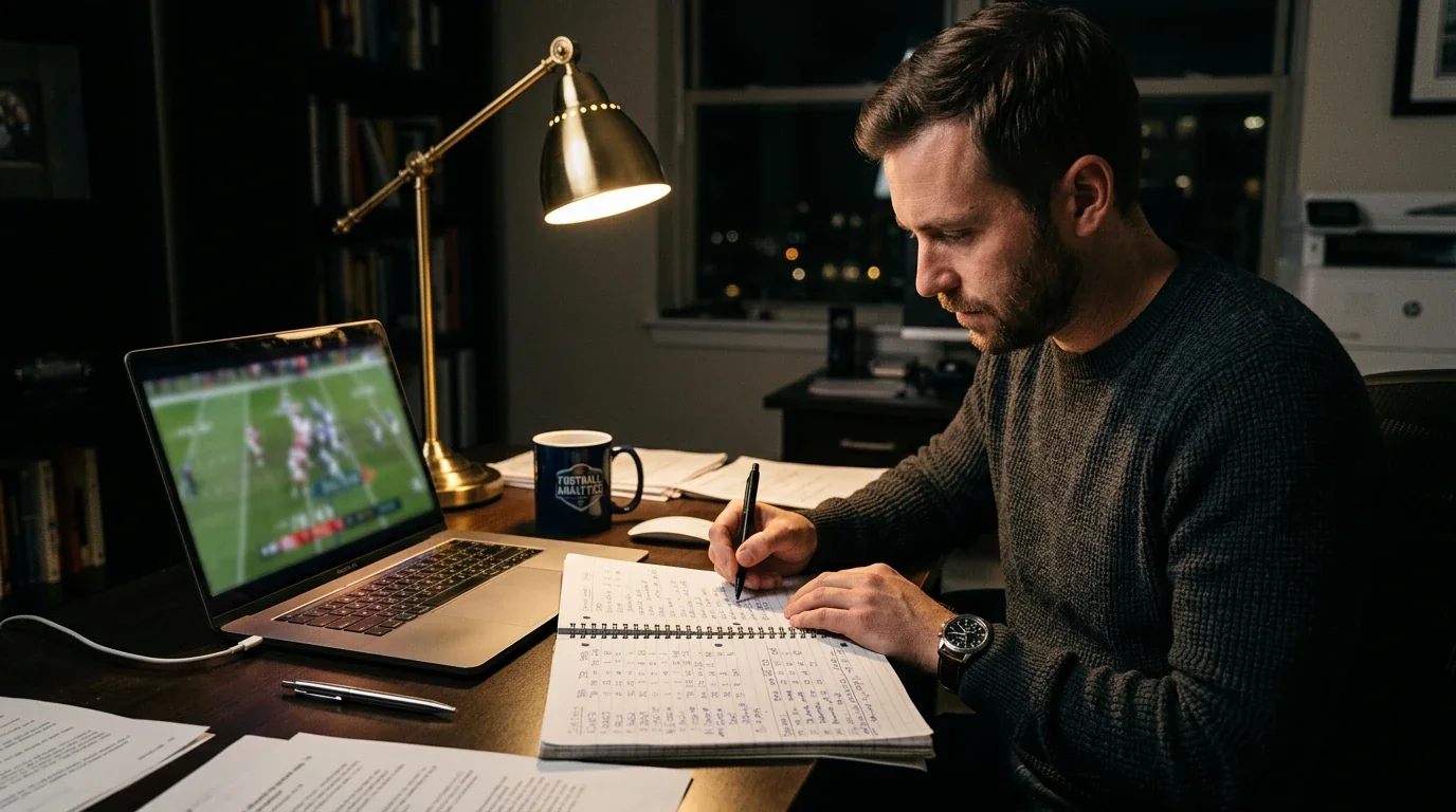 Analista deportivo revisando estadísticas de fútbol americano universitario en un cuaderno con datos de rendimiento ofensivo y defensivo
